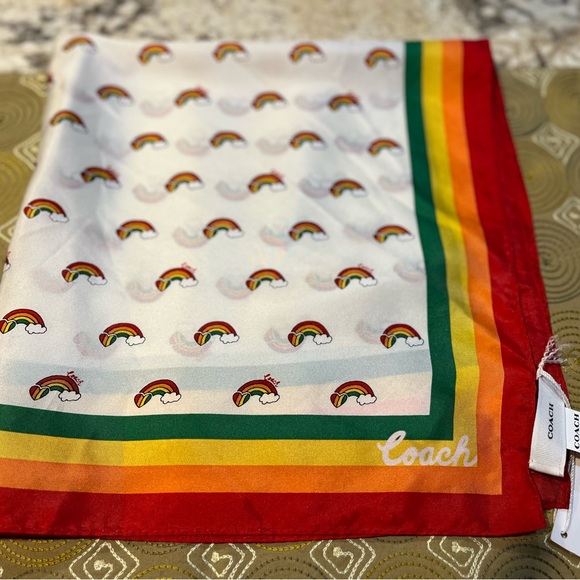 NEW COACH Coach Square Rainbow Print Silk Bandana Scarf 23” x 23” #CJ712 - Picture 9 of 9